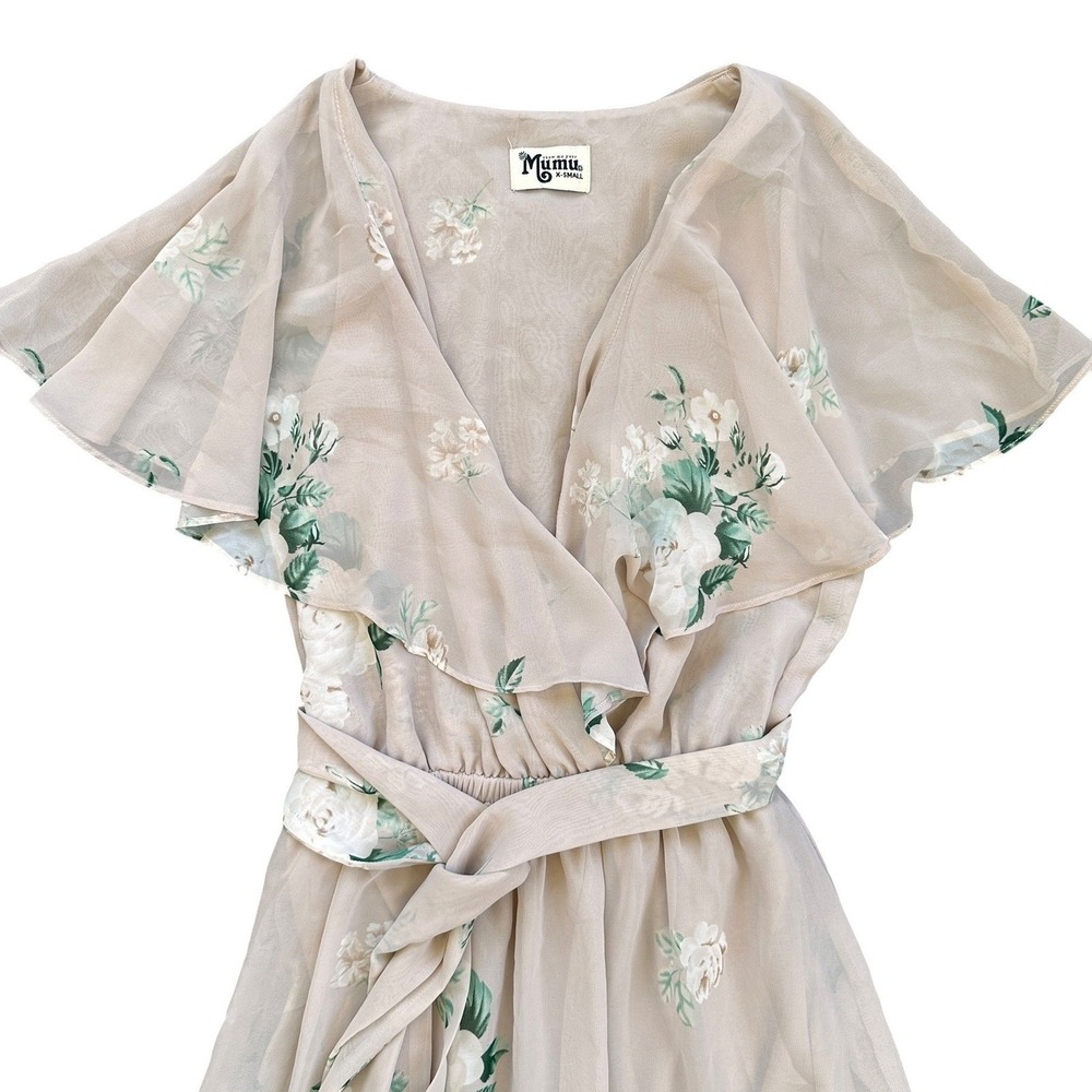 Show Me Your Mumu Floral Maxi Dress Womens XS Tan Sage Green Flutter Sleeve Wrap